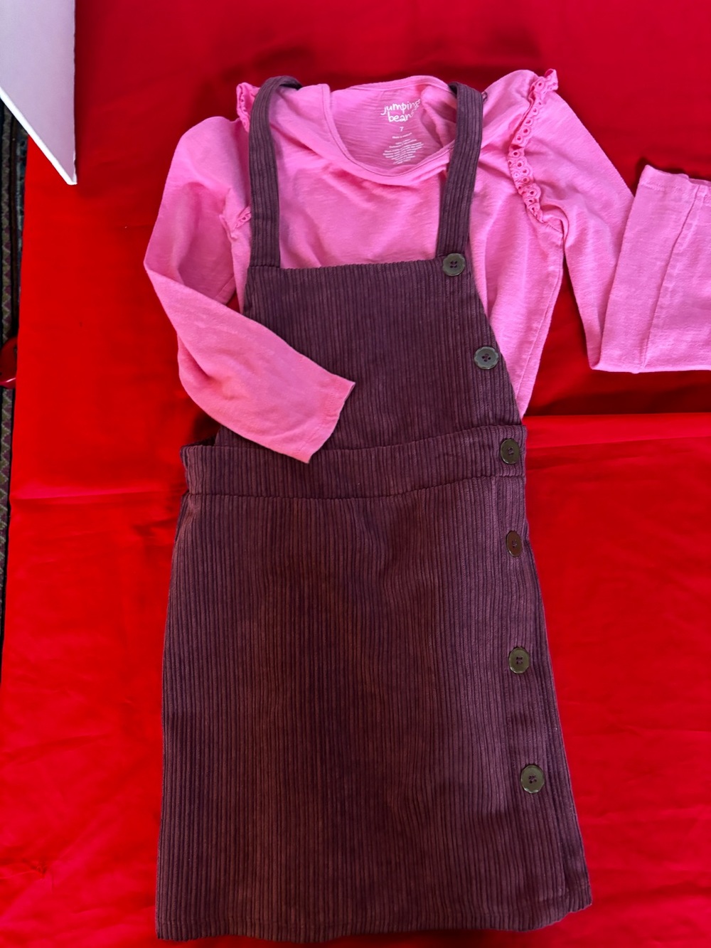 Pink Long-Sleeve Top with Purple Corduroy Pinafore Dress - Kids